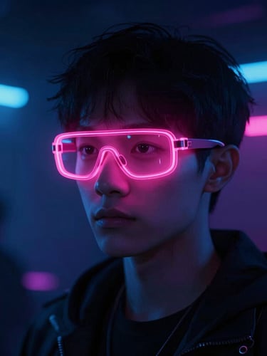Futuristic cyberpunk portrait of a young person wearing glowing pink LED glasses in a dark neon-lit club setting, high contrast, 35mm lens