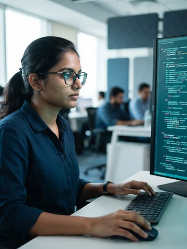 A close-up of a modern Indian software engineer analyzing lines of code on a vertical monitor, illuminated by cool teal terminal light, sharp focus.