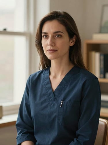 Professional and authentic portrait of a female psychoanalyst in her 30s, warm natural window light, calm and thoughtful expression, soft focus background of a clinical office with books