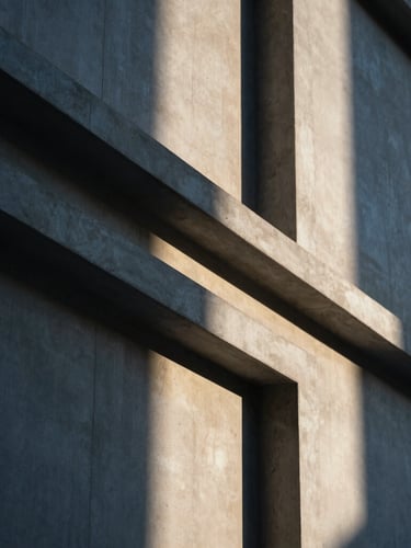 Abstract architectural lines representing structure and transition, soft natural light, warm concrete and deep blue shadows, editorial photography, portrait aspect