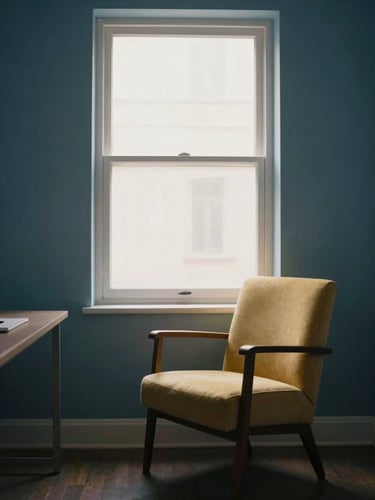 A quiet, minimalist consulting room with a single elegant empty armchair near a window, soft natural morning light, editorial photography