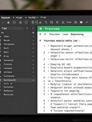 High-fidelity clean screenshot of Naskah application in dark mode, raw markdown editor side-by-side with crisp rendered HTML preview, terminal green accents.