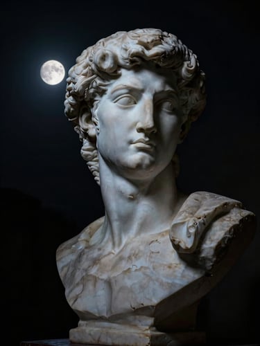 Chiaroscuro portrait of a marble bust emerging from deep midnight shadows, illuminated by a single cool moonlight source from the side, high contrast, elegant and quiet.