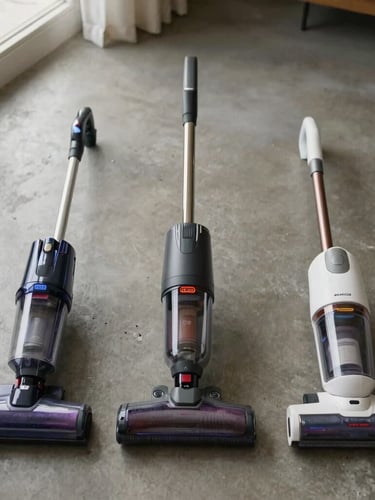 Overhead flat-lay of three premium cordless vacuum cleaners aligned on a polished concrete floor, soft side lighting, realistic muted tones.