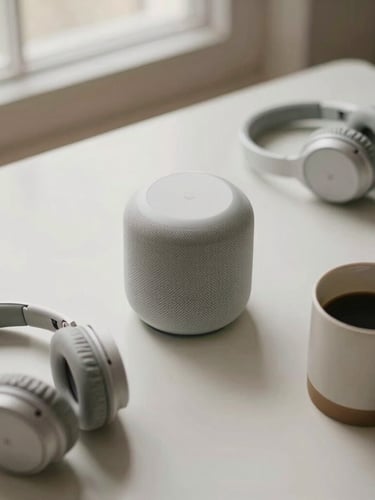 A top-down overhead shot of curated consumer products on a clean slate table, including a minimalist smart speaker, wireless headphones, and a ceramic coffee mug, soft natural window light, shallow depth of field