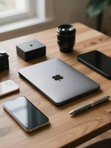 Overhead flat-lay of consumer electronics and home goods on a clean oak table, soft natural window light, muted realistic tones, shallow depth of field