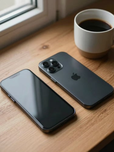 Overhead flat-lay of two competing high-end smartphones resting on a natural oak desk beside a ceramic coffee mug, soft morning window light, shallow depth of field, warm realistic tones.