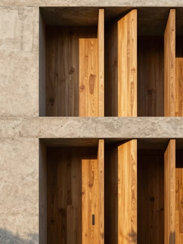 Architectural photography of a minimalist luxury residence at golden hour, sharp concrete lines meeting warm wood paneling, straight vertical lines, high-contrast shadows
