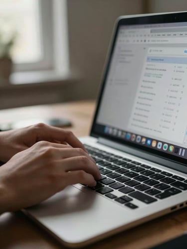 Close-up of hands resting on a laptop keyboard in a dimly lit home office, screen glow illuminating the fingers, a browser tab showing keyword search volume data visible in the background, shallow depth of field, natural late-afternoon light from a window to the left