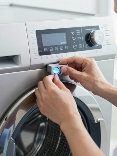 Close-up of a professional technician in a clean uniform calibrating the digital control panel of a modern stainless steel washing machine, bright cool-toned daylight, sharp focus.