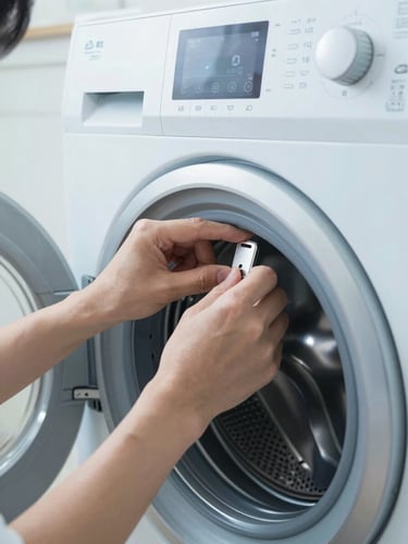 Close-up of a professional technician's hands calibrating a high-end digital control panel on a sleek modern washing machine, bright cool-toned daylight, sharp focus, 35mm lens