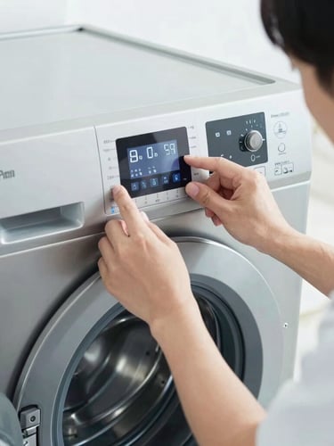 Close-up of a professional technician calibrating the digital control panel of a modern stainless steel washing machine, clean technical photography, bright cool-toned daylight