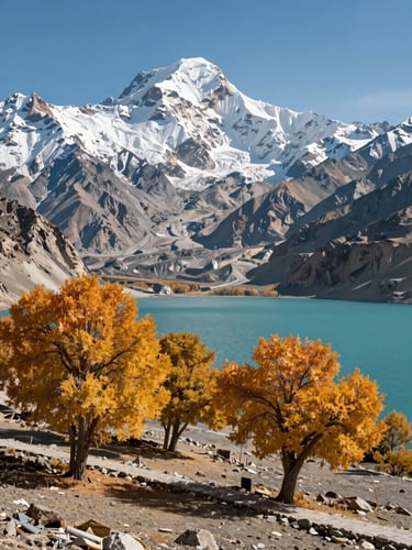 Wide environmental shot from the Hunza valley floor looking upward — foreground shows golden autumn poplar trees lining a stone path, mid-ground is the turquoise Attabad Lake, background is a wall of snow-capped Karakoram peaks under clear blue sky, north-facing daylight, no people