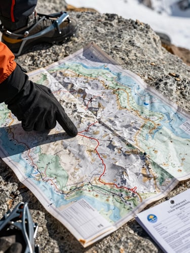 Close-up of a weathered topographic map spread on a rock surface at high altitude, a gloved hand tracing a route near K2, crampons and a permit document visible at the edge of frame, sharp north-facing daylight