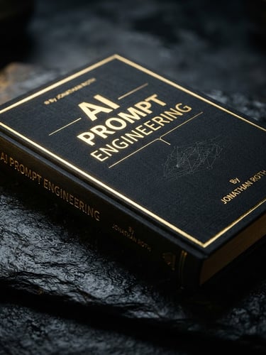 Macro close-up of a high-fidelity 3D book mockup titled 'AI Prompt Engineering' resting on a dark slate surface, dramatic gold rim-lighting, high-contrast editorial style, 85mm lens