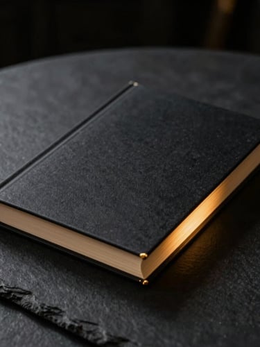 A premium hardback book mockup resting on a dark slate table, dramatic gold rim lighting, moody atmospheric shadows