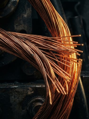 Macro close-up of copper electrical wires glowing under sharp gold rim-lighting, dark charcoal background, high-contrast industrial editorial style