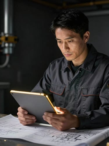A professional electrical contractor reviewing blueprints on a tablet, gold rim-lighting illuminating the device, dark industrial background