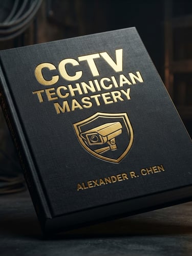 A high-fidelity 3D book mockup of the CCTV Technician Mastery guide, dark charcoal cover with sharp gold metallic typography, set against a dark moody background with precise gold rim-lighting, macro close-up, 85mm lens.
