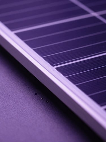 Macro studio close-up of a premium solar panel edge, showing precision-engineered metallic grid lines under high-contrast purple studio light
