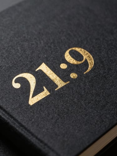 Dramatic close-up of a premium physical brand book, dark textured paper with embossed metallic gold typography, sharp studio lighting, deep shadows, 21:9 cinematic crop.