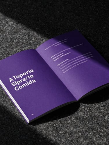 Dramatic, high-contrast studio mockup of premium academic brochure on a dark granite surface, sharp geometric shadows, luminous purple highlights, extreme close-up.