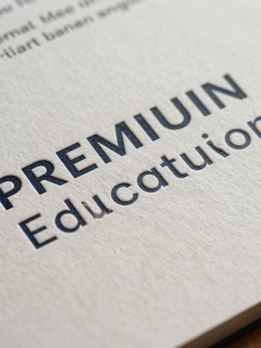 Extreme close-up of premium educational marketing collateral, heavy paper stock, embossed minimalist typography, sharp studio shadows.