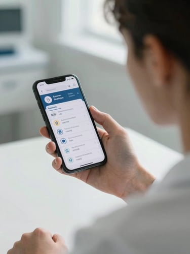 Over-the-shoulder view of a young adult looking at a clean, modern medical review dashboard on a smartphone, soft natural light, relieved expression.