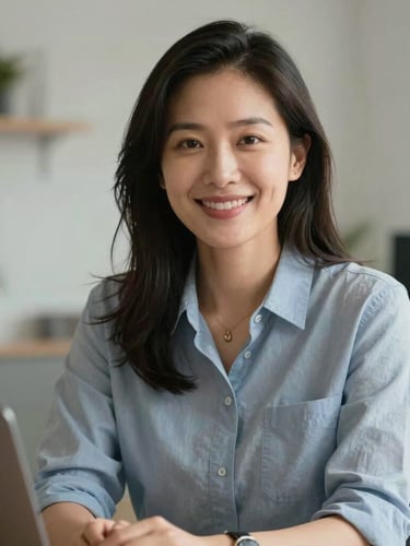 Warm, natural-light portrait of a professional online psychologist in a modern home office, smiling gently at the camera, soft background.