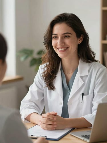 A professional therapist in a modern, warm natural-light office, smiling gently during an online consultation, over-the-shoulder view showing a clean interface