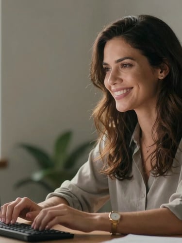 Retrato medio de una psicóloga online sonriendo en un despacho luminoso con luz natural, mirando de reojo una pantalla de ordenador portátil.