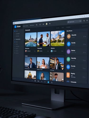 Sleek close-up of a modern community dashboard on a high-end monitor, cool blue ambient light, sharp focus, 35mm lens, minimalist dark workspace