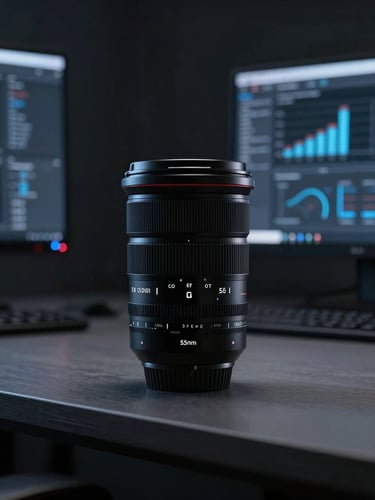 Sleek editorial portrait of a modern digital workspace, cool studio lighting with subtle blue accents, sharp focus, 35mm lens