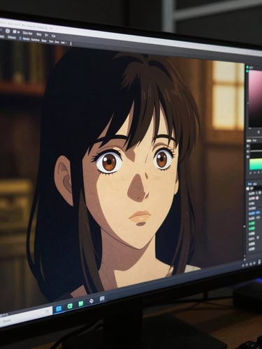 Extreme close-up of a rendered animated frame on a large professional monitor, color grading panel visible at the edge, deep blacks and precise gold highlights in the animation, editorial studio environment with controlled low lighting