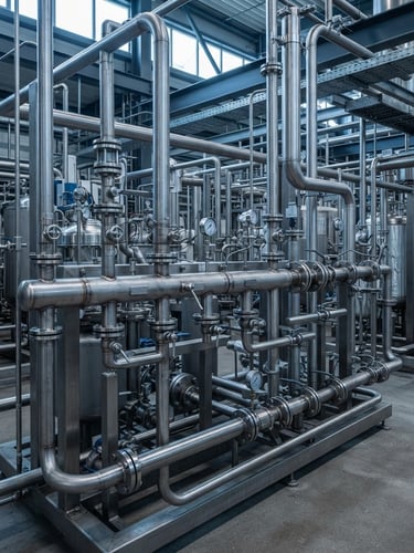 Sharp industrial photography of stainless steel piping manifolds and chemical processing equipment under cool daylight, crisp focus, architectural lens.
