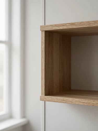 Architectural interior detail showing clean, modern home goods on a wooden shelf, soft morning light, balanced composition