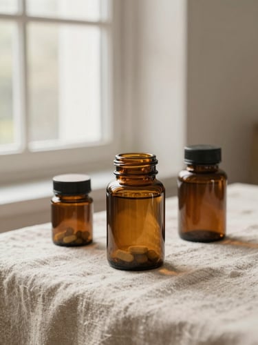 Organic wellness supplements in amber glass jars on a raw linen cloth, soft warm window light, editorial still life