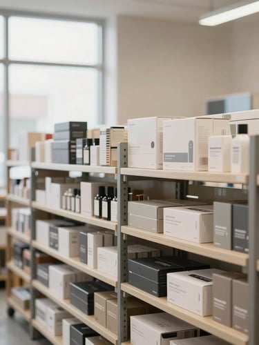 Editorial corporate photography, clean structured fulfillment center with soft natural window light, organized high-end consumer goods, 35mm lens
