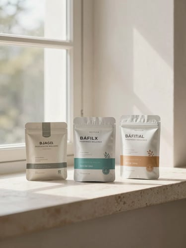 Editorial corporate photography, soft natural daylight, premium packaged wellness goods arranged in clean architectural composition on a stone ledge, 35mm lens