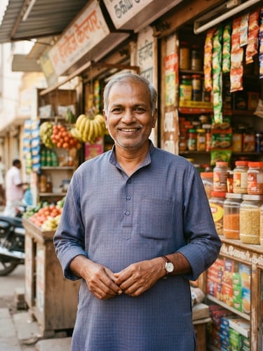A bright, honest medium shot of a smiling Indian shopkeeper in front of his local grocery store, warm sunlit daylight, rich colors, 35mm photography
