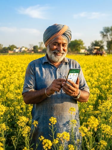 A warm, smiling Indian farmer in a sunlit mustard field holding a smartphone, bright natural daylight, rich colors, 35mm