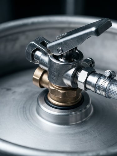 Macro close-up of a stainless steel draft coupler locked onto a clean keg, cool crisp studio lighting with sharp metallic reflections and high contrast
