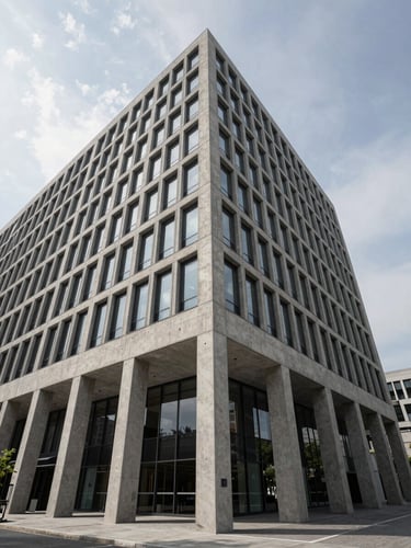 Wide-angle architectural perspective of a modern concrete and steel corporate headquarters, sharp geometric shadows, overcast daylight.