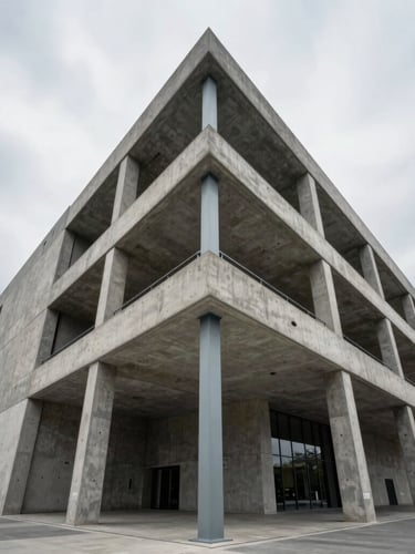 Wide-angle perspective of a modern concrete and steel structure under high-contrast overcast daylight, showcasing clean architectural lines and structural permanence.