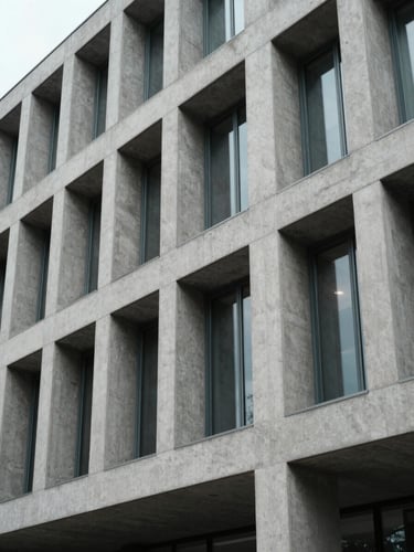 A close-up architectural perspective of a modern concrete and steel building facade under overcast daylight, sharp clean lines, minimal composition.