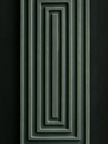 Tall narrow column of concentric rectangles aligned vertically, muted green outlines on dark field, hard geometric precision, decorative structural element, mirrored from left side