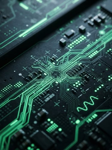 Sleek editorial macro photography of a digital dashboard, high-contrast cool studio lighting, deep charcoal and neon green tones, sharp data lines and print registration marks visible.