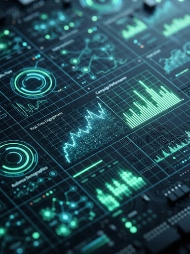 Macro close-up of a digital marketing dashboard, glowing neon-green and cyan data streams, sharp focus, technical grid overlay, sleek editorial photography, high-contrast cool studio lighting.
