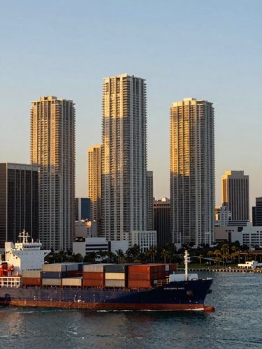 Sleek Miami-metropolitan skyline at golden hour, viewed from a modern deep-water port with container ships in the foreground, premium editorial photography style.