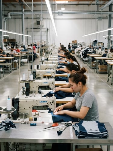 Wide shot of a modern, brightly lit apparel manufacturing floor with rows of industrial sewing machines, sharp focus on the foreground, cool neutral tones, 35mm